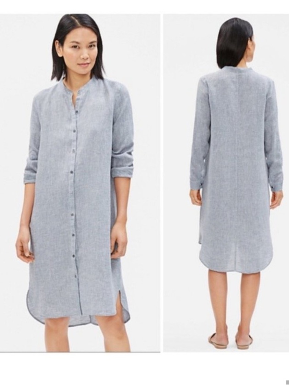 Eileen Fisher Organic Linen Shirt Dress Womens PP Petite 2  4 Mandarin Collar